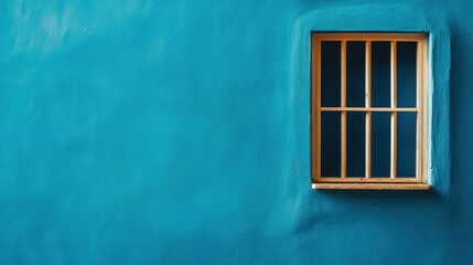Teal wall, small barred window, copy space, background texture, design