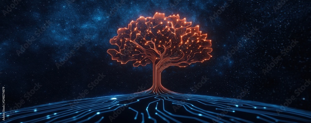Poster a digital tree glows against a cosmic backdrop, symbolizing the connection between nature and techno