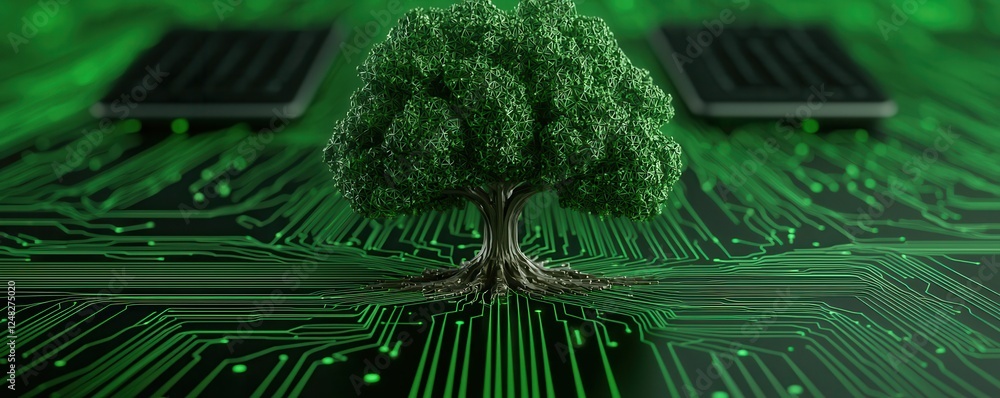 Poster A digital tree emerges from a circuit board, symbolizing the intersection of nature and technology in a green landscape.