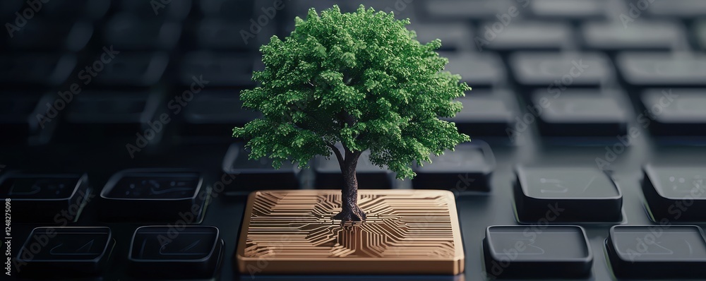 Poster A miniature tree grows from a keyboard, symbolizing the intersection of technology and nature.
