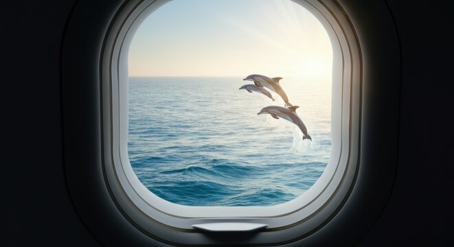 Fototapeta Dolphins jumping in ocean seen through airplane window