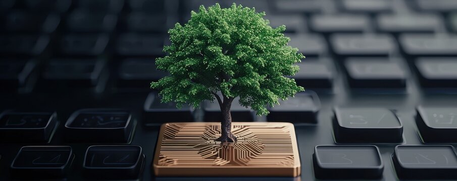 A miniature tree grows from a keyboard, symbolizing the intersection of technology and nature.