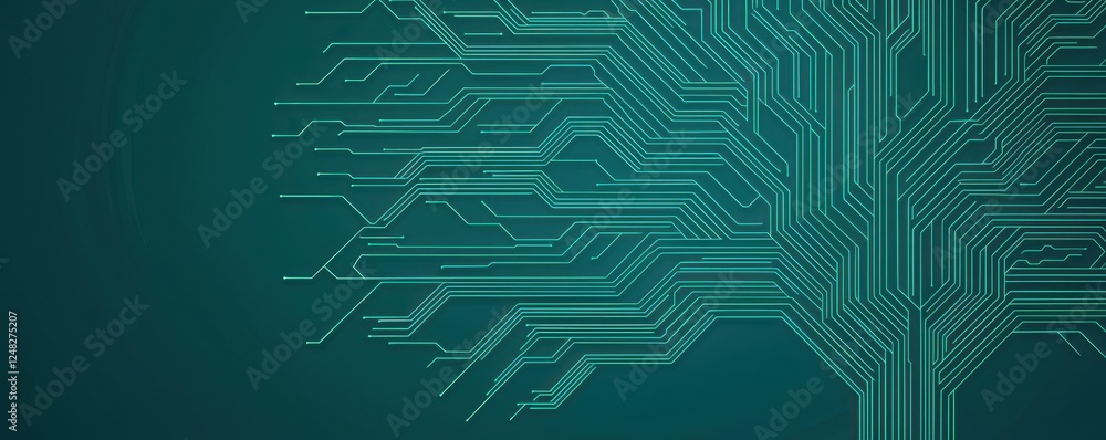 Poster A digital illustration of a circuit-like tree design, symbolizing the intersection of technology and nature on a teal background.
