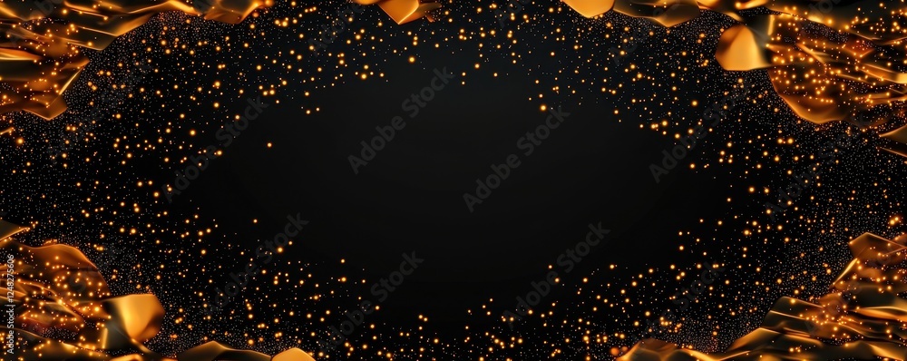 Poster a dark background framed with shimmering gold particles and confetti, creating a festive and elegant