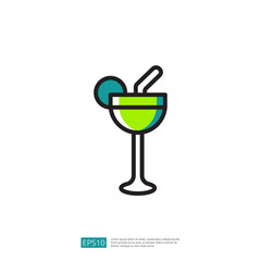 Colorful Lemon Lime Glass With Green Drink And Garnish On A White Backgrounds with garnishes. Cocktail Glass with Fresh Green Drinks for summer Celebration