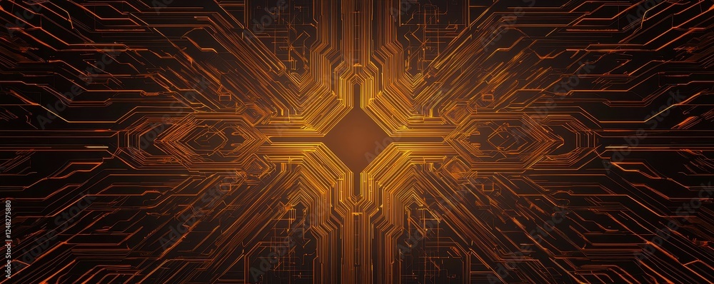 Poster A vibrant digital pattern featuring circuitry in shades of orange and gold, creating a futuristic and technological appearance.