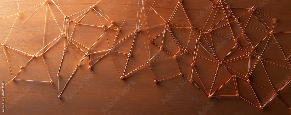 Aufkleber An abstract arrangement of interconnected geometric shapes made from thin lines and nodes, creating a visually intriguing pattern on a wooden surface.