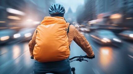 A bicycle courier with a bright orange thermal backpack weaves through traffic, rushing to deliver a hot meal to a hungry customer.