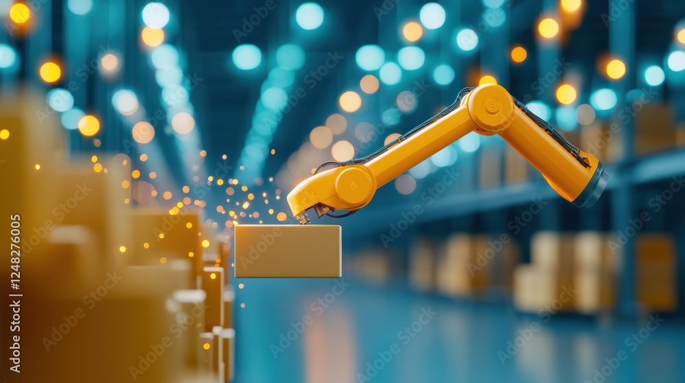 Poster a robotic arm efficiently sorts and stacks packages within a modern warehouse, showcasing the increa