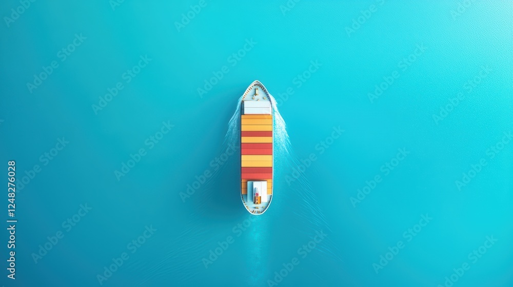 Poster aerial view of a massive container ship navigating a vast ocean, illustrating the global reach and i