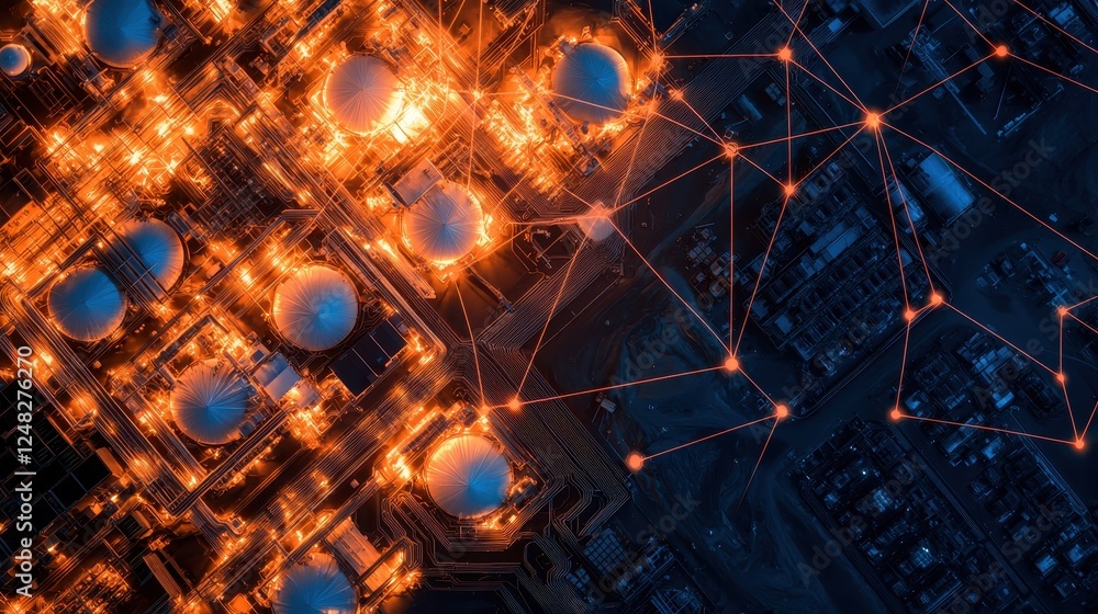 Poster aerial view of an industrial area illuminated by orange lights, showcasing interconnected structures