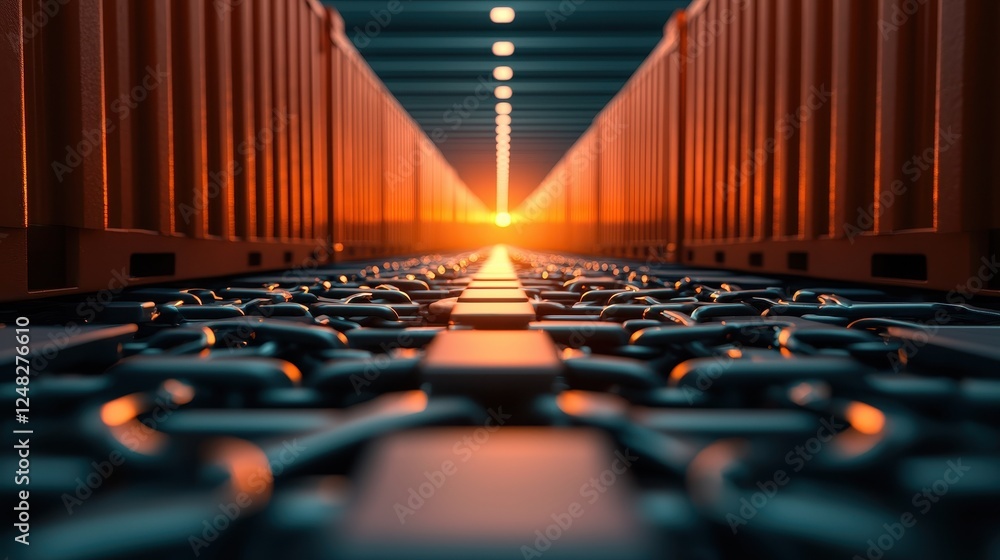 Poster A narrow view of shipping containers along a pathway, illuminated by a warm sunset, creating a striking contrast between light and structure.