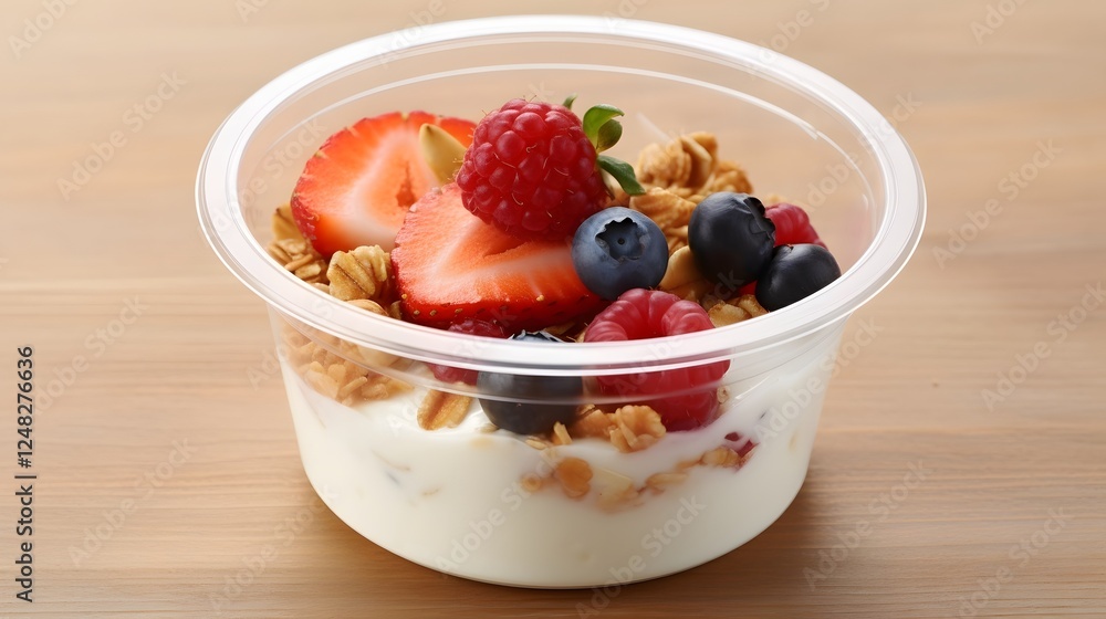 Poster closeup of a sealed yogurt cup with a delightful topping of crunchy granola fresh berries and citrus