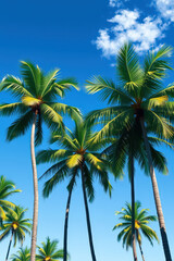 Vibrant Tropical Palm Trees Under a Bright Blue Sky with Sunlit Leaves Creating a Refreshing and Serene Vacation Paradise in a Digital Photorealistic Style