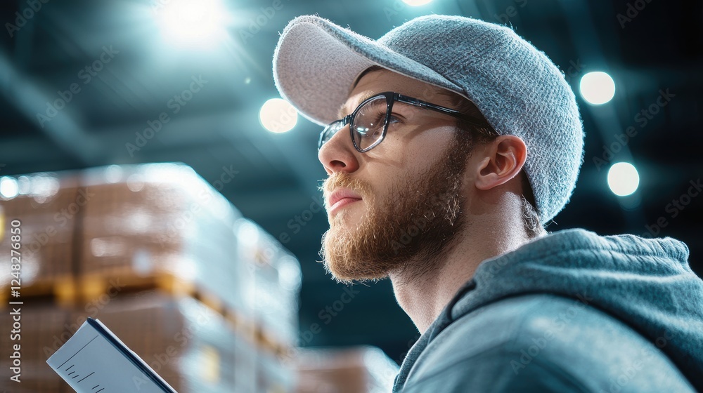 Poster a delivery driver checks off items on a clipboard as they unload pallets of goods at a warehouse rec