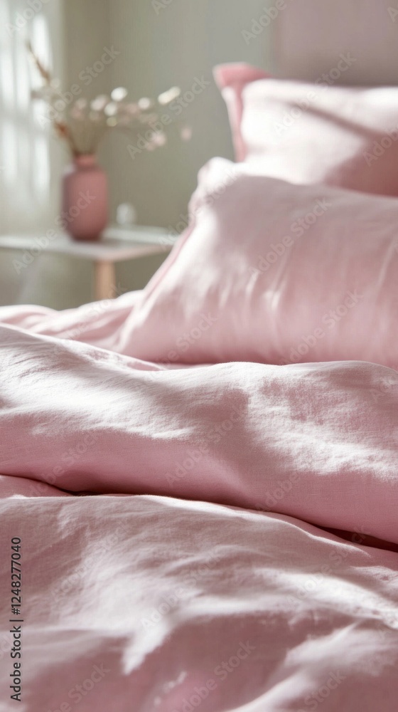 Poster soft pink linen sheets create an inviting atmosphere in a serene bedroom setting, perfect for relaxa