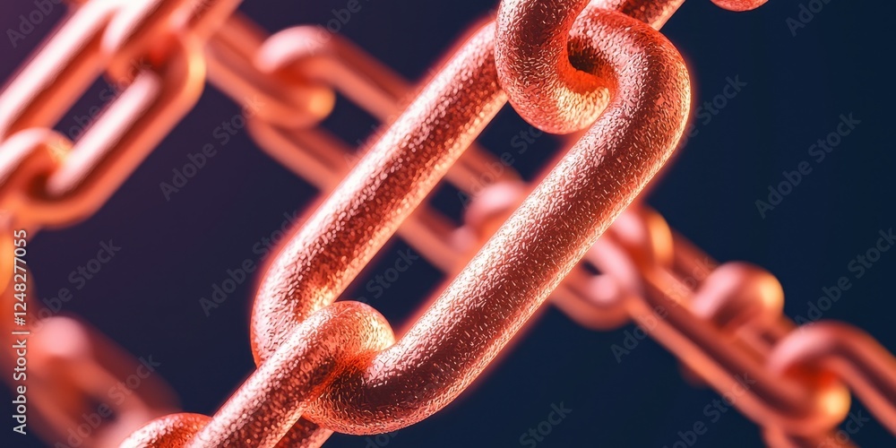 Poster A close-up of a shiny, copper-colored chain link, highlighting its texture and structure against a dark background.