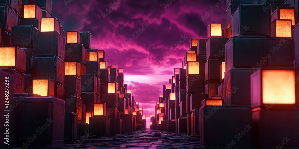 Aufkleber a mesmerizing scene of glowing blocks flanked by a dramatic purple sky, creating an otherworldly pat