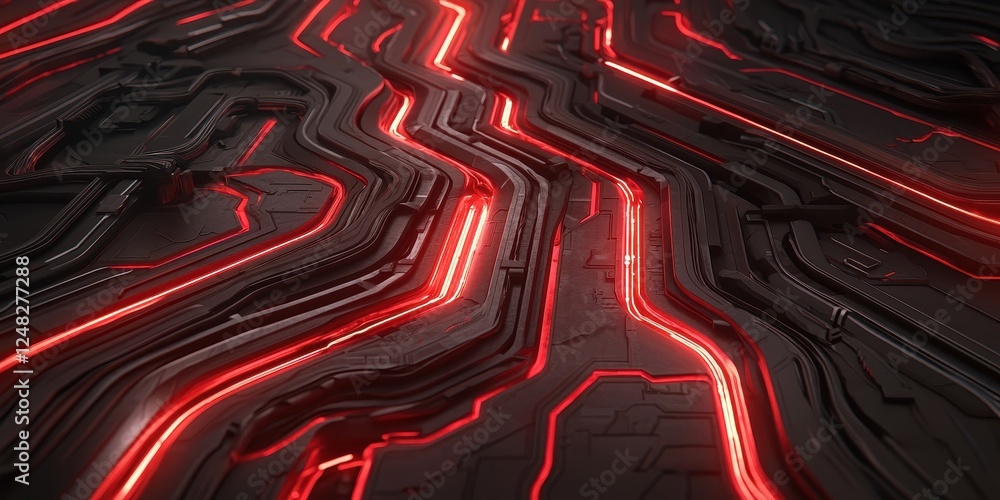 Poster Abstract digital landscape featuring glowing red lines on a textured black background, resembling a futuristic circuit design.