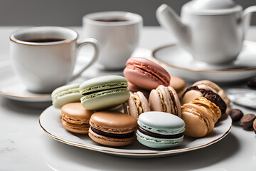 The macaroons are served on a stylish porcelain plate and in an espresso cup.
