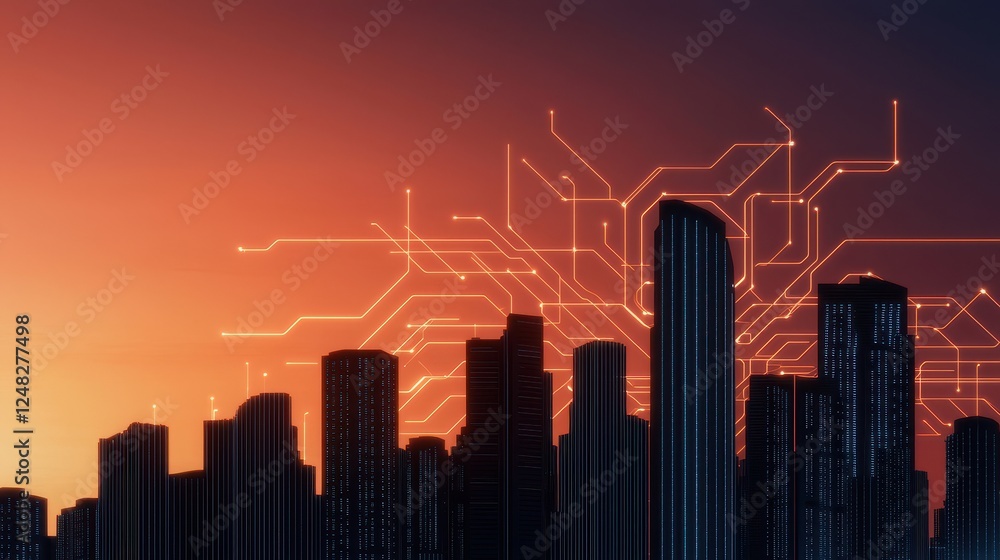 Poster A skyline at sunset with digital circuit patterns overlaying the buildings, symbolizing technology and urban innovation.
