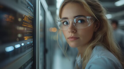 Focused Female Data Scientist Inspecting Server Room Technology