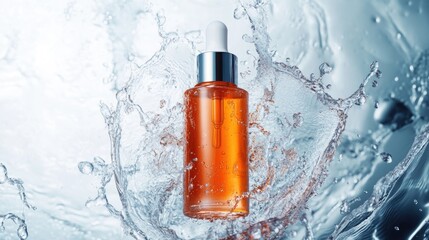Bright Orange Serum Droplet with Splashing Water Background