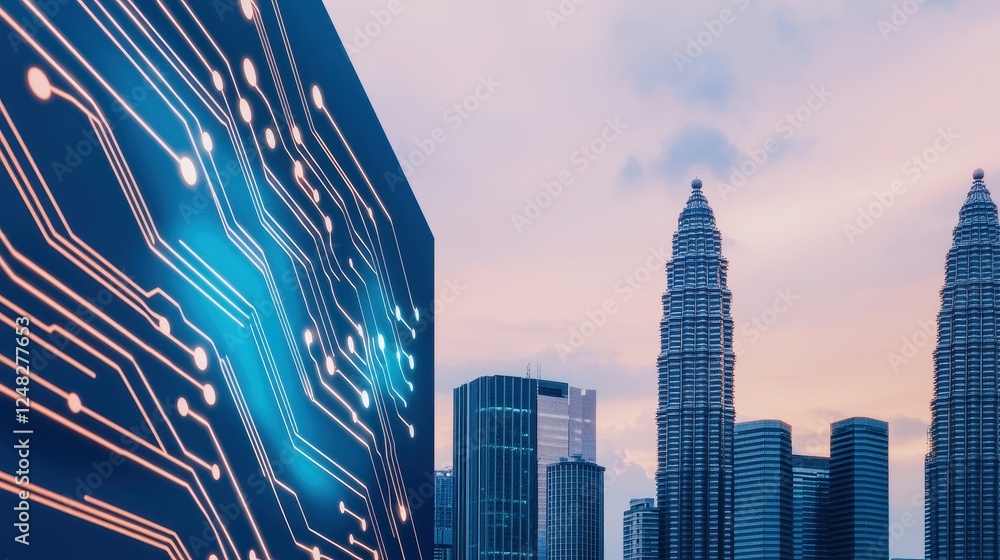 Poster a digital circuit design juxtaposed against a city skyline at dusk, highlighting the intersection of