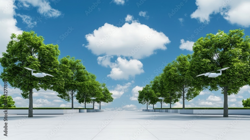 Poster A serene landscape featuring trees lining a clear pathway under a bright blue sky with fluffy clouds, creating a tranquil and inviting atmosphere.