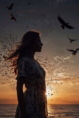 Woman or girl and birds on the background of the evening beach and sunset. The concept of psychological stability, health, reflections, memories and dreams. Vertical illustration.