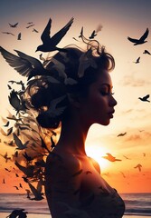Portrait of a woman and a bird on the background of the evening beach and sunset. The concept of psychological states, suffering, sadness, reflections, memories and dreams. Vertical illustration.