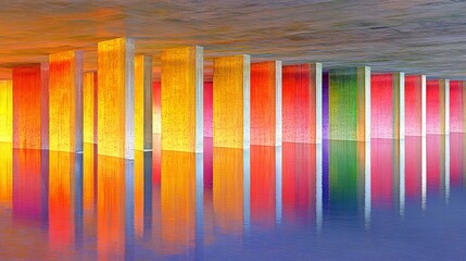 Abstract artwork featuring pillars of vibrant colors reflecting in water creating a surreal and captivating visual experience