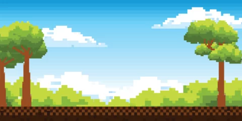 Naadloos Fotobehang Airtex Flat cartoon of pixel art illustration of landscape Green garden background. Pixel arcade display for game design. 8-bit retro-style game design © ikkiae01
