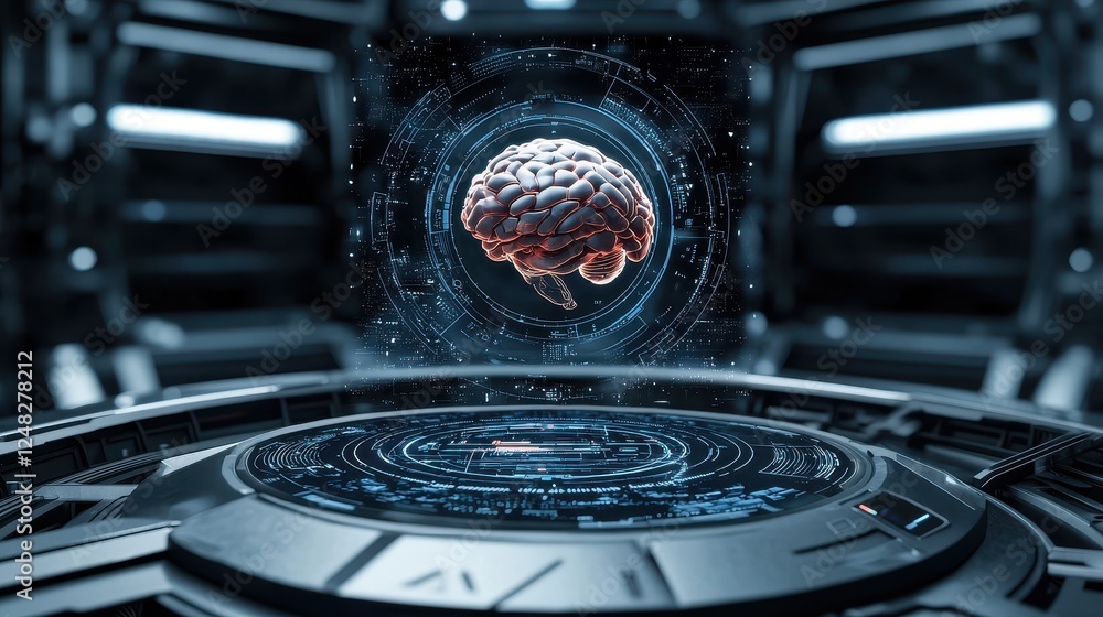 Poster a futuristic brain suspended in a high-tech environment, surrounded by shimmering particles and intr