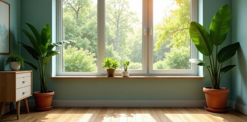 Fototapeta premium Large rubber plant beside window in modern living room, bright, green, room
