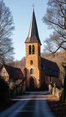 Rural church on country road at dawn