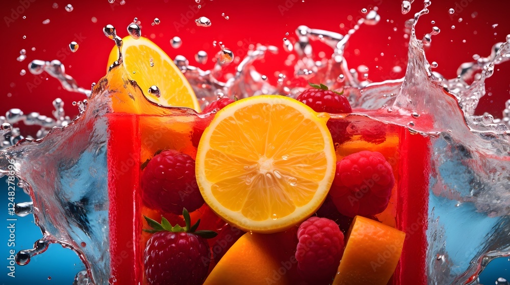 Poster 3d rendering of a sealed juice box with a dynamic colorful fruit splash effect the mockup showcases 