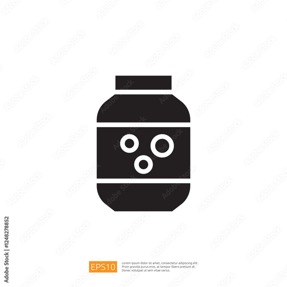 Poster black simple icon of a jar with circular elements depicting container design for nutrition supplemen