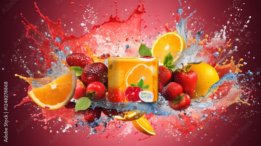 Poster visually striking image featuring a sealed juice box with a vibrant dynamic fruit splash effect the 