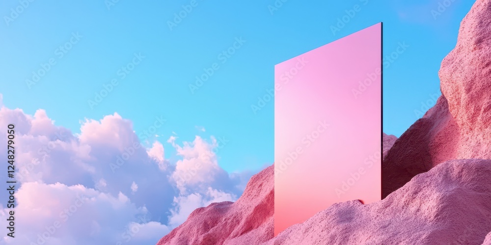 Poster a serene landscape featuring a reflective pink panel against a backdrop of clouds and rocky terrain,