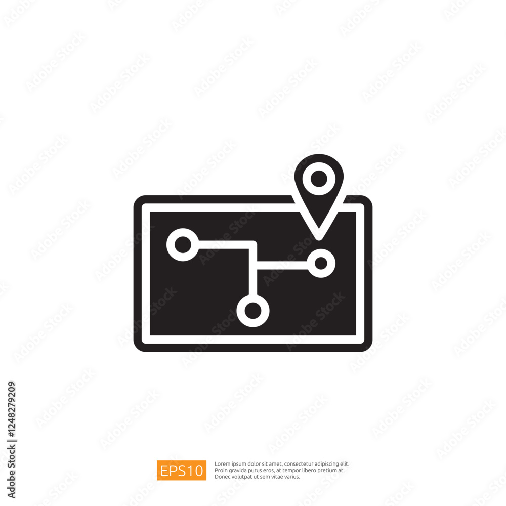 Poster travel icon representing navigation with map and location pin for journey planning and trip guidance