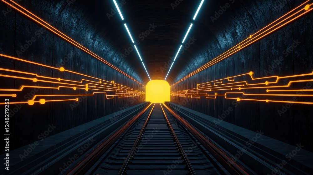 Poster A futuristic tunnel with glowing lines converging toward a bright light at the end, creating a sense of speed and movement.