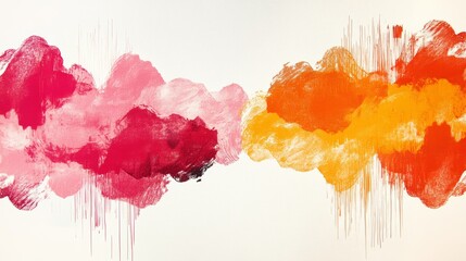 Abstract painting featuring vibrant red pink orange and yellow hues blending together in a dynamic expressive design on a white backdrop