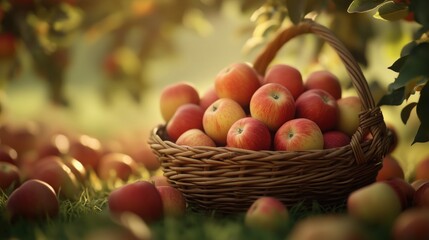 Basket full of red apples in orchard with green grass and sunlight illuminating the vibrant scene