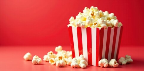 Red and white striped box overflowing with popcorn kernels, salty, movie night