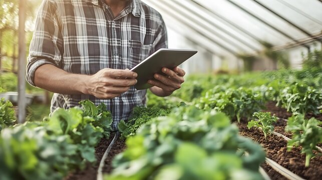 Man uses tablet to monitor leafy green crops growth in greenhouse