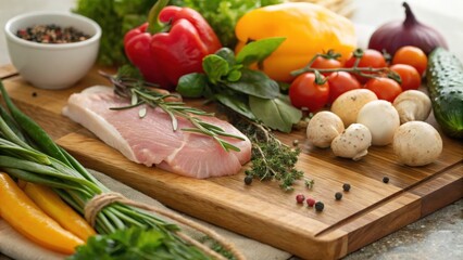 Close up Shot of Gourmet Meal Kit Ingredients on Wooden Cutting Board