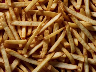 Fresh aromatic french fries in cubes. Modern stylish food shooting. Close-up view from above. Horizontal photography.