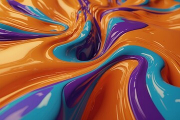Realistic orange paint close-up flows mixing with blue and purple. Paint splashes for design backgrounds in a stream. Horizontal illustration.