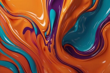Orange paint flows close-up mixing with blue and purple. Paint splashes for design backgrounds in a stream. Horizontal realistic illustration.